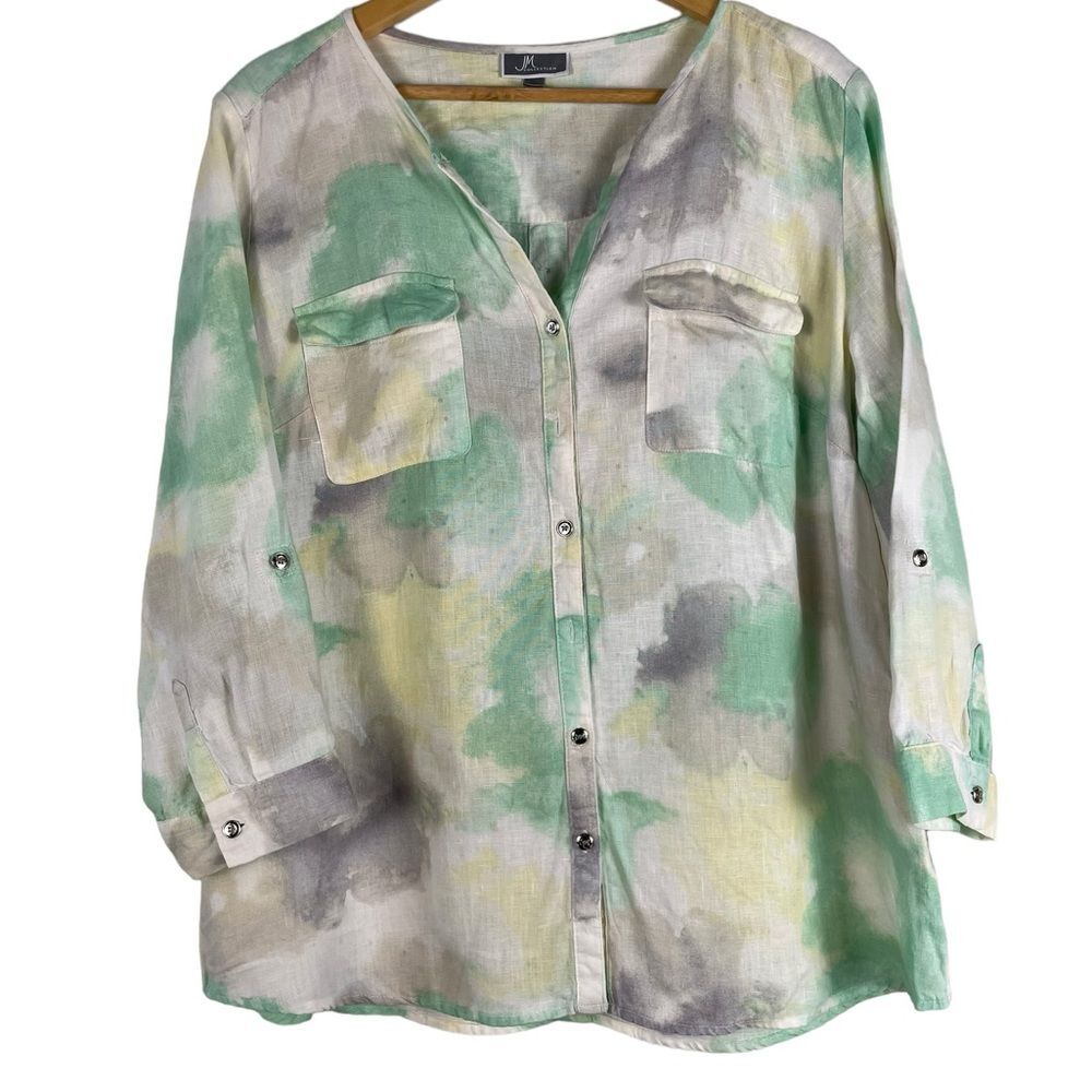 JM Collection‎ Tie-Dye Linen Shirt Size 14 Collarless Button Front
